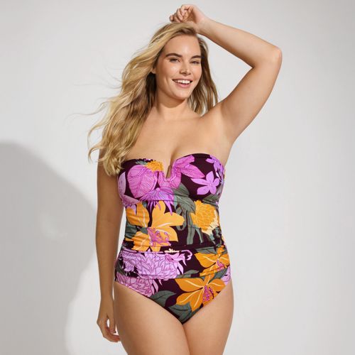 Womens Shadow Palms Over The Shoulder Shirred Tankini Top